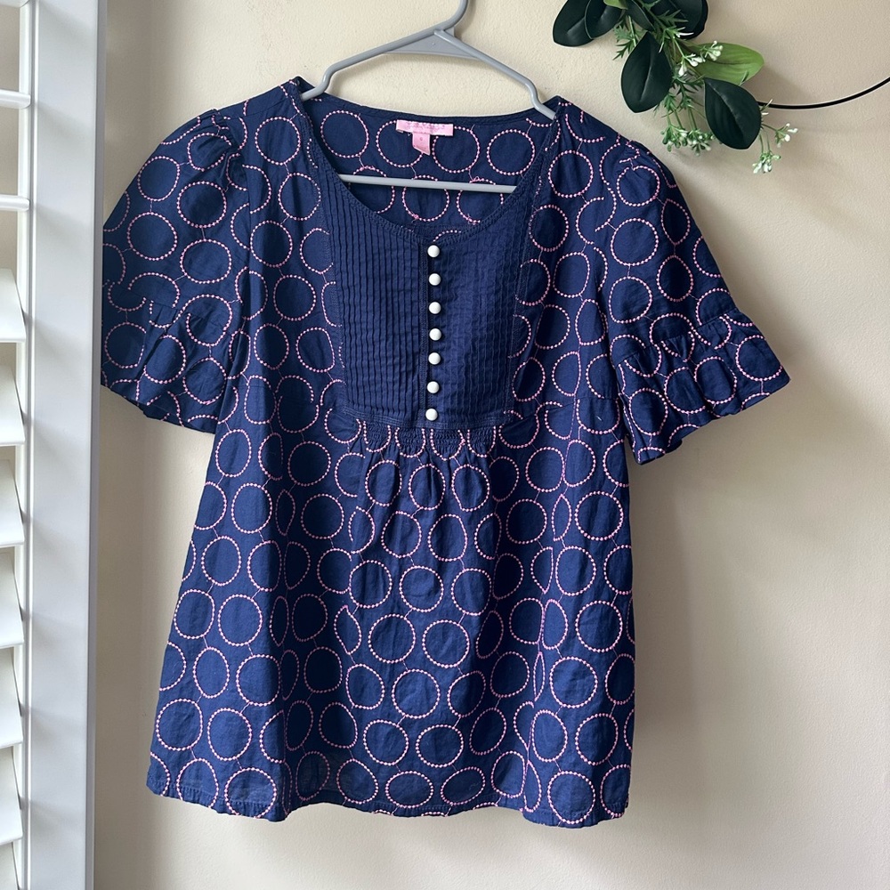 Lilly Pulitzer Navy and Pink Circle Blouse
